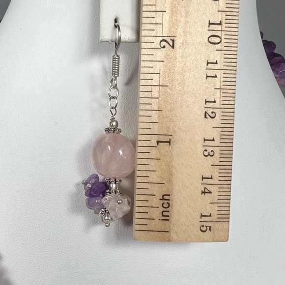 Rose Quartz & Amethyst 925 Silver Chunky Beaded Gemstone Necklace & Earrings - Picture 8 of 10